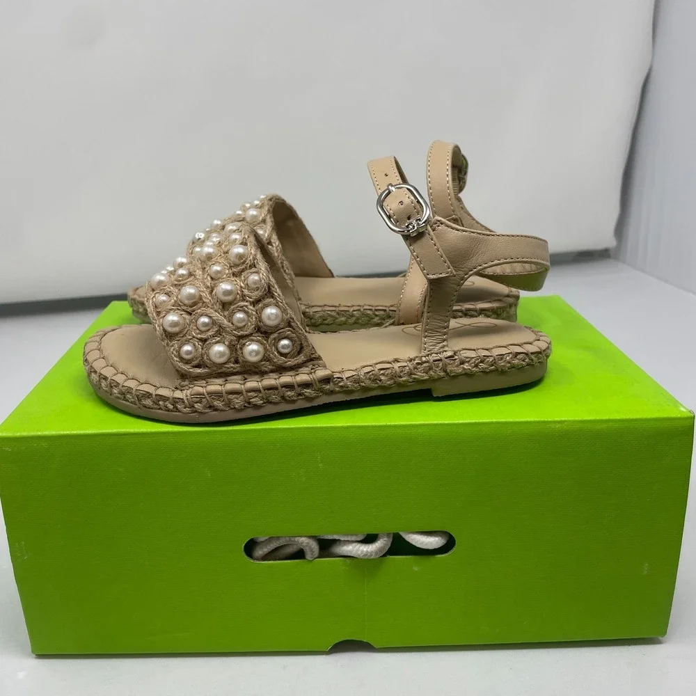 Sam Edelman Dress Sandals Girls Size 12 Natural Linen Holly Mini Pearls New
